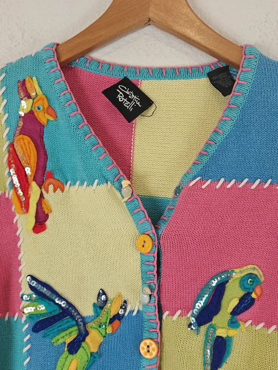 VTG Christina Rotelli Patchwork Bird Cardigan Embroidered Cottagecore M/L - Picture 5 of 13